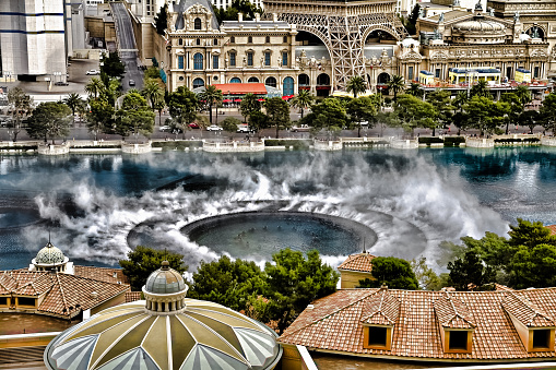 Las Vegas, NV/USA - Oct 24, 2014 : Aerial view of Bellagio Immediately after the fountains show and Strip resorts of Las Vegas.Large dancing fountain of Bellagio is major attraction on the Las Vegas.