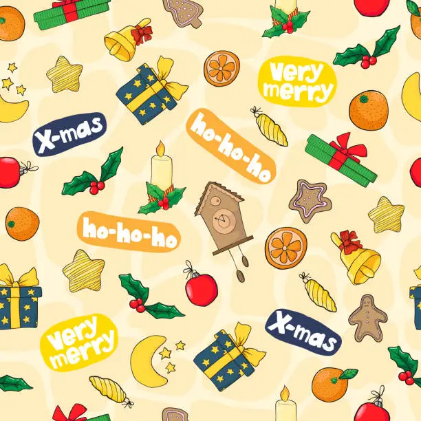 Vector illustration of Vector seamless pattern with hand draw hygge christmas item with quote very merry x-mas ho ho ho illustration in doodle cartoons style for wrapping, textile or post card on beige background