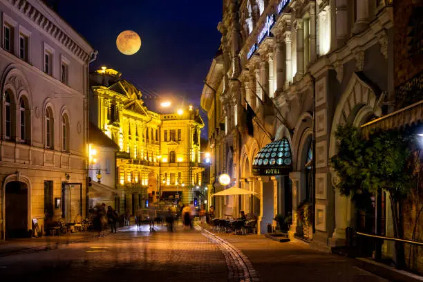 Ausros Vartu street in the Old Town of Vilnius by night, Lithuania