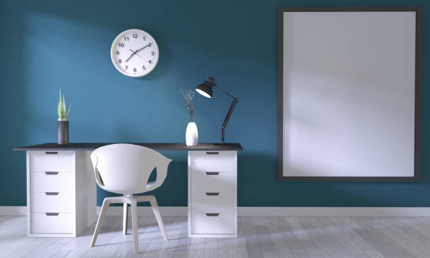 istock Mock up poster office with white comfortable design and decoration on dark blue room and white wooden floor.3D rendering 1176113807