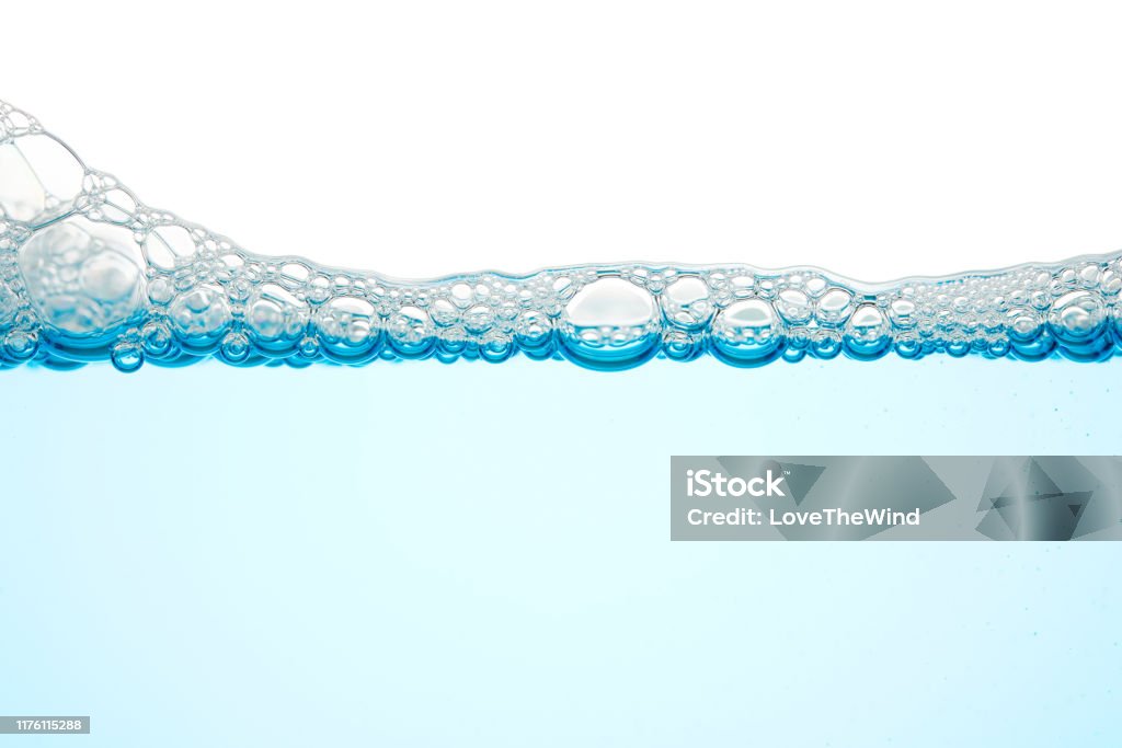 Water soap foam shampoo bubble liquid blue color isolated on white background Below Stock Photo