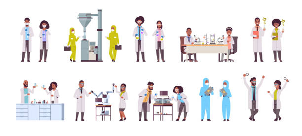 set different scientific researchers making experiments in laboratory scientists group in uniform working with medical equipment research science concept full length flat horizontal set different scientific researchers making experiments in laboratory scientists group in uniform working with medical equipment research science concept full length flat horizontal vector illustration african american scientist stock illustrations