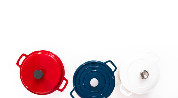 istock Red, white and blue enameled cast iron covered round dutch ovens 1176116551