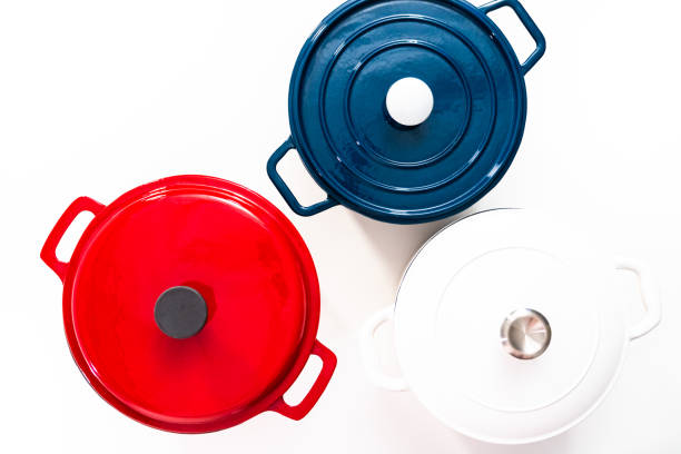 istock Red, white and blue enameled cast iron covered round dutch ovens 1176116552