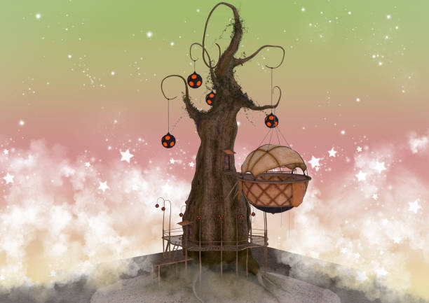 Fairytale scene of a treehouse surrounded by a pastel sky.