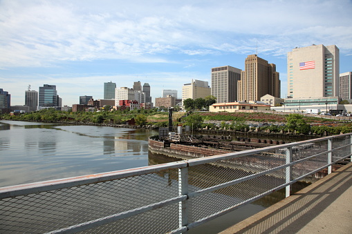 Newark, NJ eastern downtown city skyline along bordering river. Captured 8/08.