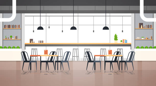 ilustraciones, imágenes clip art, dibujos animados e iconos de stock de interior moderno café vacío sin gente restaurante cafetería diseño plano horizontal vector ilustración - bar stool chair cafe