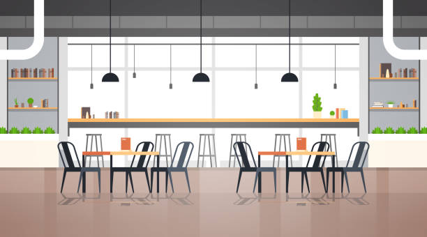 stockillustraties, clipart, cartoons en iconen met modern café interieur leeg geen mensen restaurant cafetaria ontwerp platte horizontale vector illustratie - binnenopname