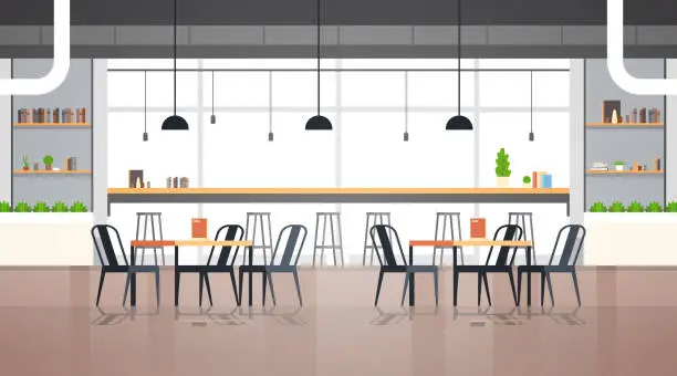 Vector illustration of modern cafe interior empty no people restaurant cafeteria design flat horizontal vector illustration