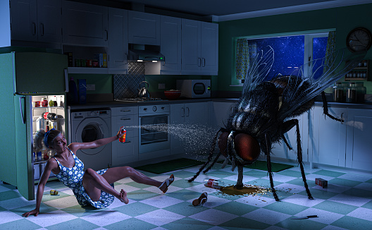 Digital image depicting a terrified woman spraying a giant fly with bug spray. The fly has knocked over a bottle of soda, and is busy drinking from the puddle. The woman wears a horrified expression, and is simultaneously spraying the giant fly with insecticide, while scrambling backwards to get away. The spray appears to be ineffectual. The scene takes place at night, in a moonlit kitchen.