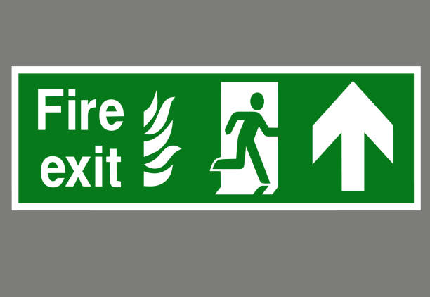 illustrazioni stock, clip art, cartoni animati e icone di tendenza di incendio uscita cartello uomo correre verso l'alto puntando verso l'alto - fire exit sign