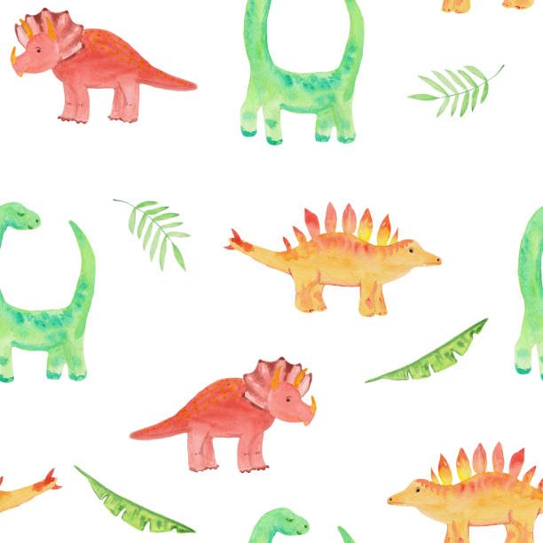 istock Seamless pattern with cute dinosaurs - diplodocus, triceps and tropical leaves. Watercolor illustration for prints, templates, invitations, baby clothes. 1176129457