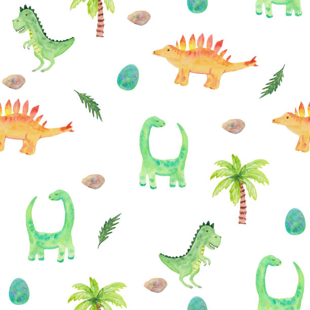 istock Seamless pattern with cute dinosaurs and tropical. watercolor illustration with diplodocus, brontosaurus and tyrannosaurus for prints, templates, invitations, children's clothes. 1176129743