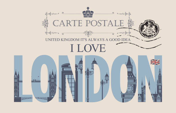 векторная винтажная открытка со словами, ко�торые я люблю лондон - london england england street light telephone stock illustrations