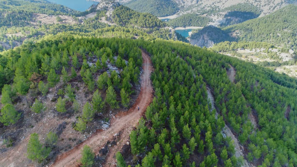 Mountain Biker Riding on a dirt road aerial view.