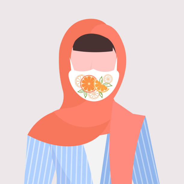 arab woman i wearing headscarf and protective face mask with orange icon smog air pollution virus protection concept girl profile avatar female cartoon character portrait flat arab woman i wearing headscarf and protective face mask with orange icon smog air pollution virus protection concept girl profile avatar female cartoon character portrait flat vector illustration scarf wind mask stock illustrations