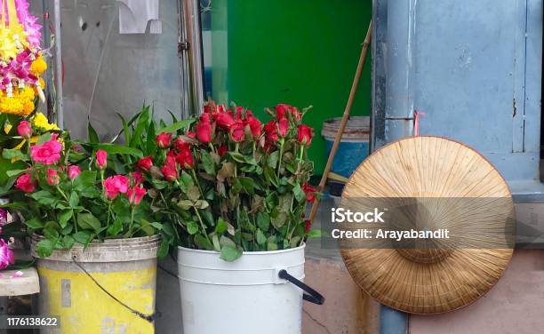 Florist Shop With Roses And Flower Wreaths Stock Photo - Download Image Now - Blossom, Cone Shape, Farmer