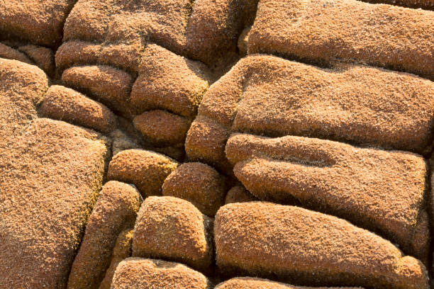 Close up old rock or stone texture, nature background. Geological stones on the sea coast. Horizontal close-up macro shot.