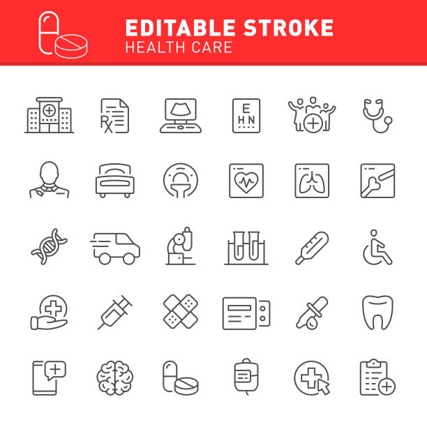 Health Care Icons Healthcare and medicine, hospital, medicine, editable stroke, outline, icon, icon set, doctor, ambulance, RX, pharmacy diagnostic medical tool stock illustrations