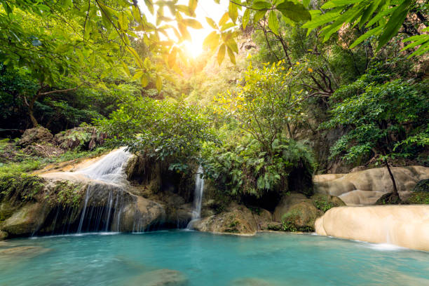 la chute d'eau d'erawan dans le parc national d'erawan dans la province de kanchanaburi, thaïlande. c'est une chute d'eau bleue claire célèbre en thaïlande. - waterfall tropical rainforest erawan thailand photos et images de collection