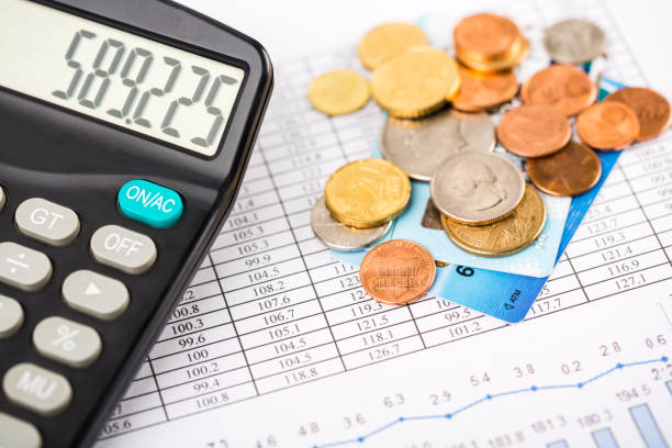 istock Credit card, calculator and coins on business chart 1176151316