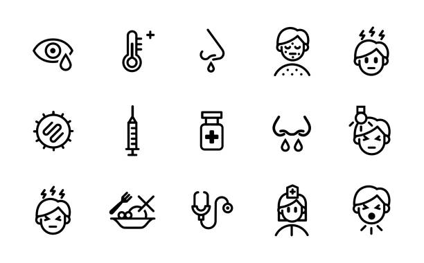 Measles Symptoms, Causes, Transmission and Treatment Icon Set Icon set representing measles symptoms, causes, transmission and treatment for health infographic, website or publications measles illustrations stock illustrations