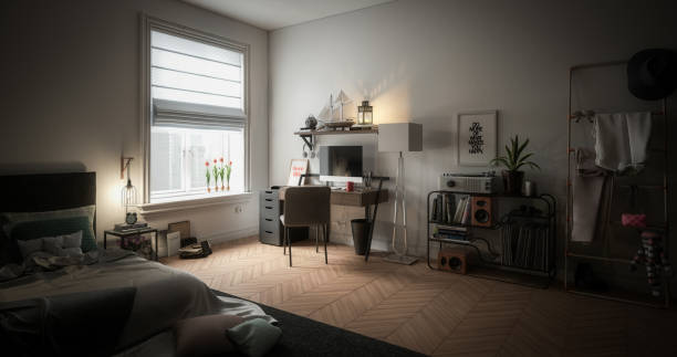 Cozy and Messy Home Interior Digitally generated cozy and messy home interior design with a small workplace, bed and lots of home props.

The scene was rendered with photorealistic shaders and lighting in Autodesk® 3ds Max 2020 with V-Ray Next with some post-production added. window blinds photos stock pictures, royalty-free photos & images
