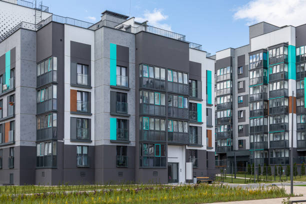 Minsk, Belarus - May 2019. New freshly painted dwelling house in dormitory district