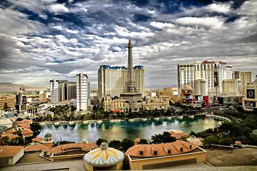 Las Vegas, NV/USA - Oct 24, 2014 : Aerial view of Bellagio Immediately after the fountains show and Strip resorts of Las Vegas.Large dancing fountain of Bellagio is major attraction on the Las Vegas.