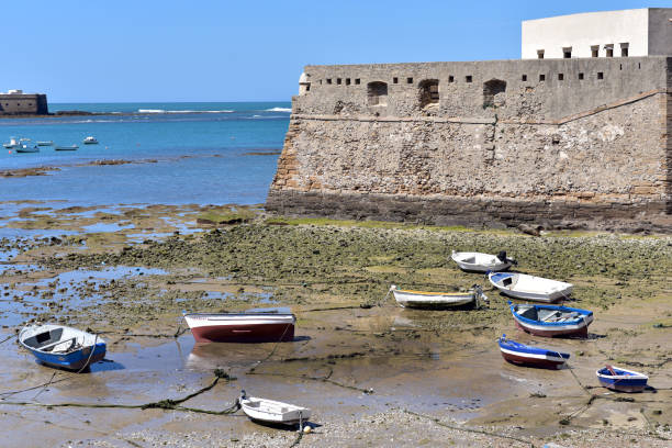Playa la Caleta or La Caleta Beach in low-tide shoreline with fishing boats, Cadiz, Spain