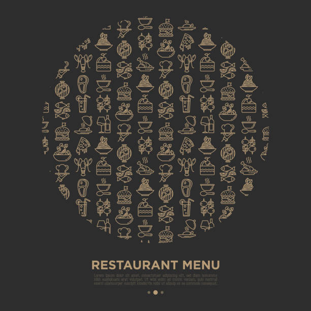 ilustrações de stock, clip art, desenhos animados e ícones de restaurant menu concept in circle with thin line icons: starters, chef dish, bbq, soup, beef, steak, beverage, fish, salad, pizza, wine, seafood, burger. vector illustration for print media, banner. - steak dinner lobster wine