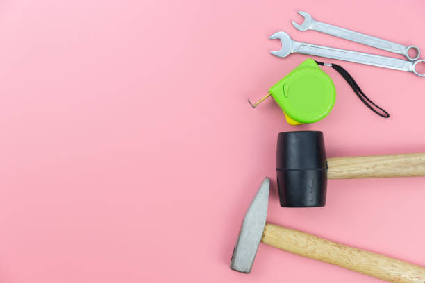 istock Top view with copy space of Craft tools group overhead on pink pastel background, Craft working flat lay concept 1176157278
