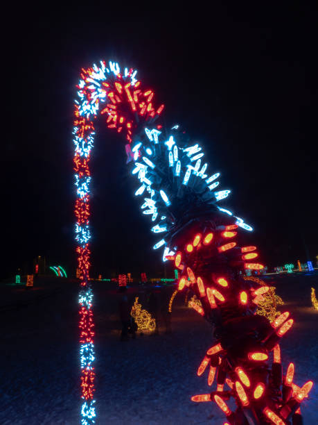 istock Colorful striped LED string light wrapped arches extend over a walkway at a holiday lights festival. 1176158441