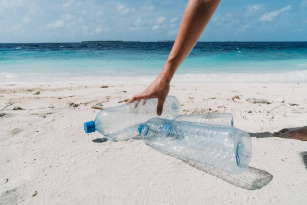 mulher adulta nova que pegara alguns frascos plásticos abandonados na praia - mulher catando lixo - fotografias e filmes do acervo