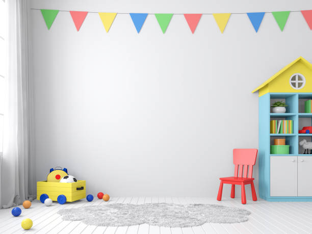 Colorful playroom with empty wall 3d render The playroom 3d render has white walls and floors decorated with colorful furniture.The walls are decorated with colorful triangular flags, natural light shines into the room. playroom stock pictures, royalty-free photos & images