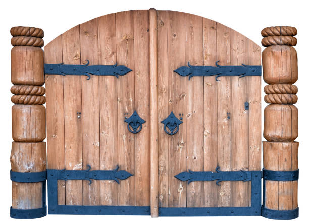 istock Vintage wooden gate with wrought iron elements. Isolated on white background 1176173870