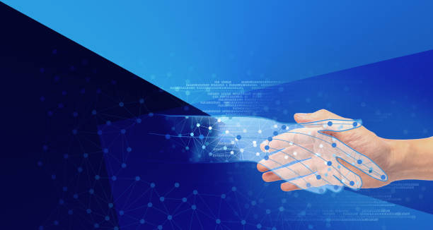 istock Say hellow to the AI or Artificial intelligence concept, human hand handshake with computer Artificial intelligence graphic hand 1176178327