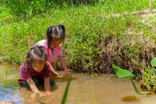Asian Children playing  barefoot in stream water, play mud and sand. High resolution image gallery.