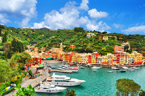 The beautiful Portofino with colorful houses, luxury boats and yacht in little bay harbor. A vacation resort with celebrity and artistic visitors. Liguria, Italy ,Europe