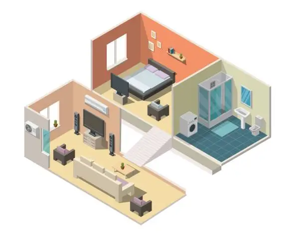 Vector illustration of Isometric interior apartment vector illustration modern set of bathroom, kitchen, living room, bedroom.