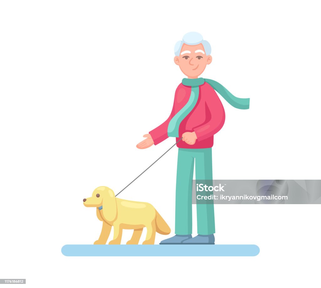 Elderly Man Walking A Dog Cartoon Vector Isolated Stock Illustration -  Download Image Now - Adult, Care, Cartoon - iStock
