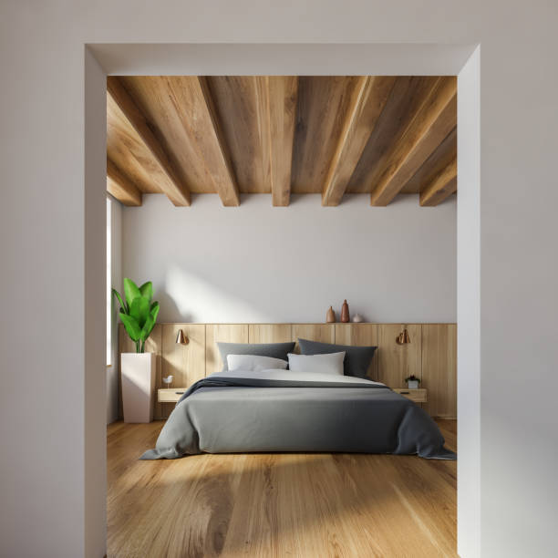 istock Stylish white bedroom with archway 1176197628