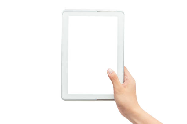 istock Male hand holding the white tablet pc computer with blank screen isolated on white background with clipping path 1176197986