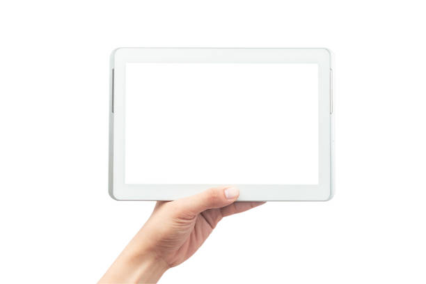 istock Male hand holding the white tablet pc computer with blank screen isolated on white background with clipping path 1176198018