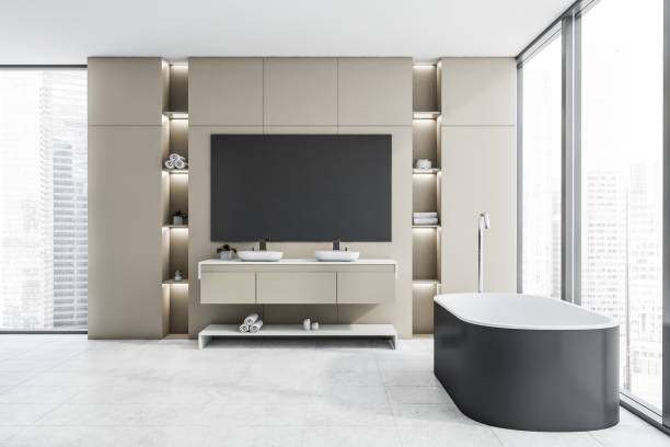 istock Beige loft bathroom interior, tub and sink 1176198563