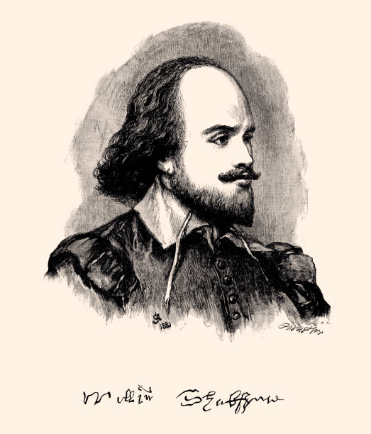 ilustraciones, imágenes clip art, dibujos animados e iconos de stock de william shakespeare y su firma (xxxl) - william shakespeare poet literature history