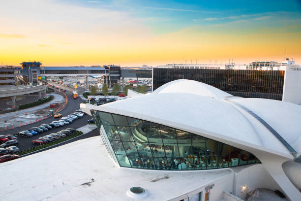 New York City, New York, USA - September 20, 2019:  View of historic TWA Hotel and surrounding area seen from John F. Kennedy Airport in Queens, New York at sunset