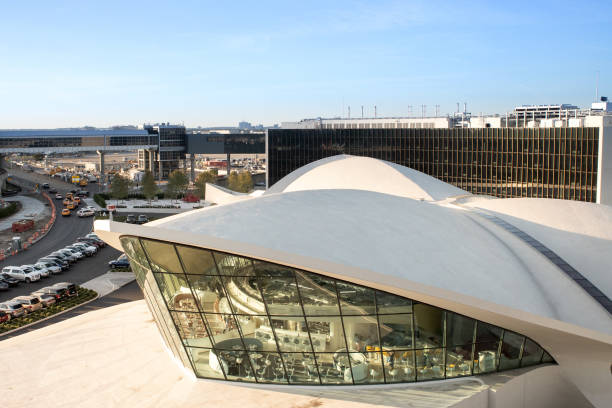 New York City, New York, USA - September 20, 2019:  View of historic TWA Hotel and surrounding area seen from John F. Kennedy Airport in Queens, New York on a sunny afternoon.