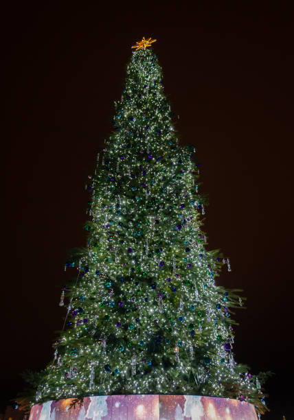 istock tall christmas tree with garland and decorations, frosty winter evening 1176203151