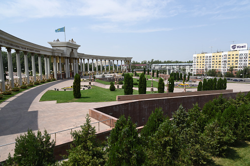 The 'First President's Park' of Almaty is located at the mountain side of the city. Creation of the park began in 2001 and it was finished in 2010. The Image shows the Main Entrance to the public park.
